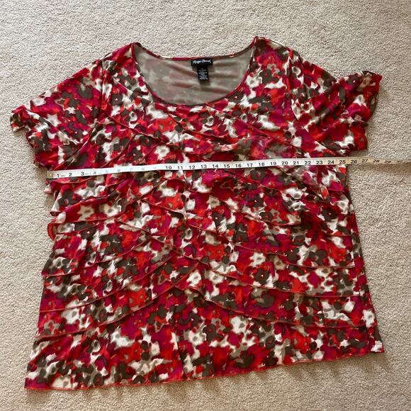 Maggie Barnes Multicolor Abstract Print Ruffle Short Sleeve Blouse Sz 1X Stretch - Picture 6 of 7